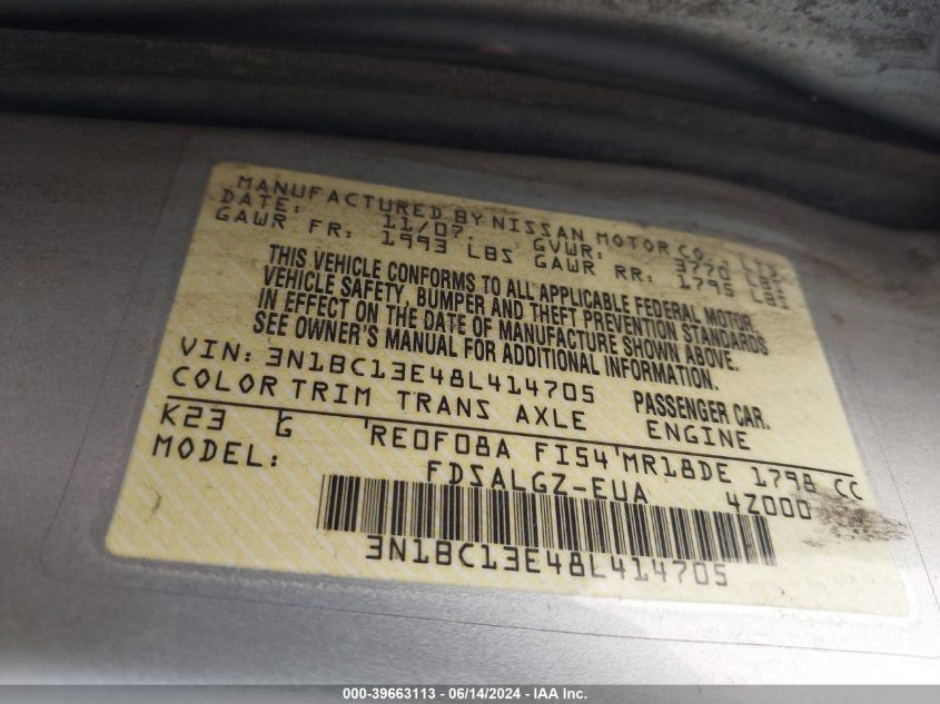 2008 Nissan Versa 1.8Sl VIN: 3N1BC13E48L414705 Lot: 39663113