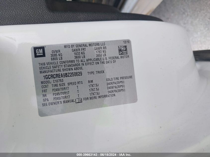 2011 Chevrolet Silverado 1500 Ls VIN: 1GCRCREA9BZ250629 Lot: 39663143