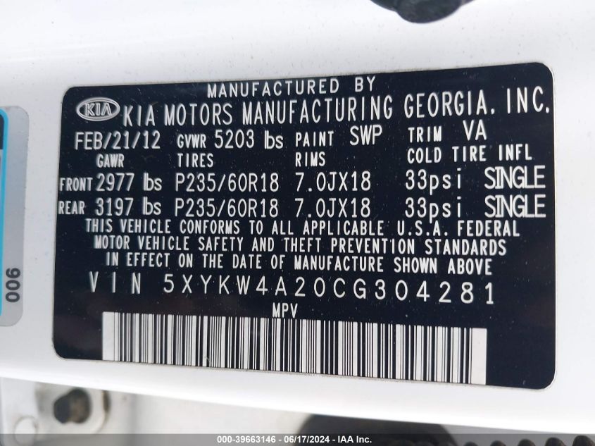 2012 Kia Sorento Sx V6 VIN: 5XYKW4A20CG304281 Lot: 39663146