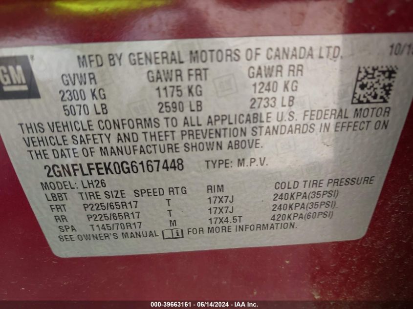 2016 Chevrolet Equinox Lt VIN: 2GNFLFEK0G6167448 Lot: 39663161