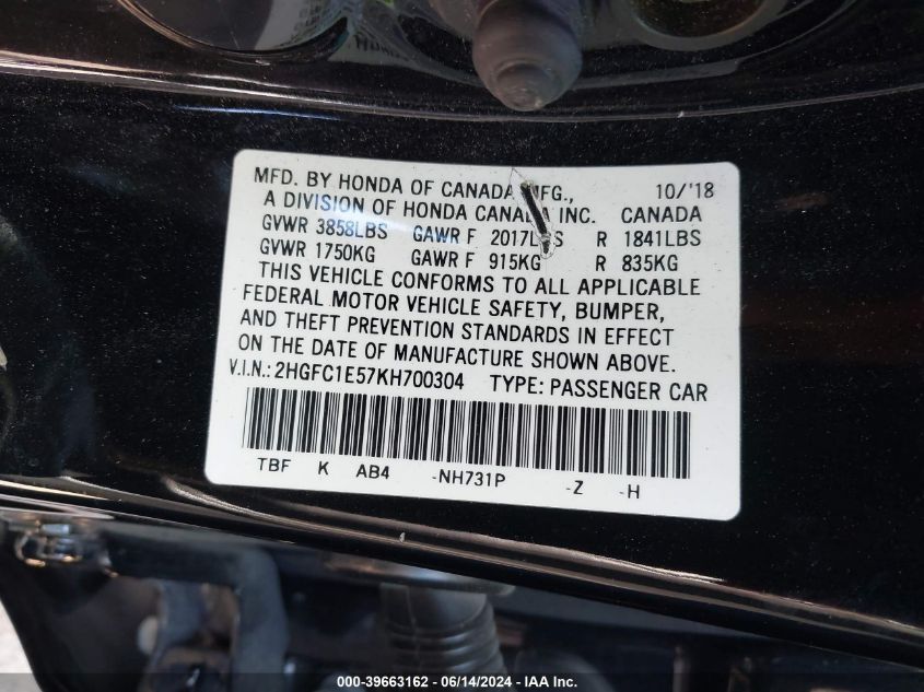 2019 Honda Civic Si VIN: 2HGFC1E57KH700304 Lot: 39663162