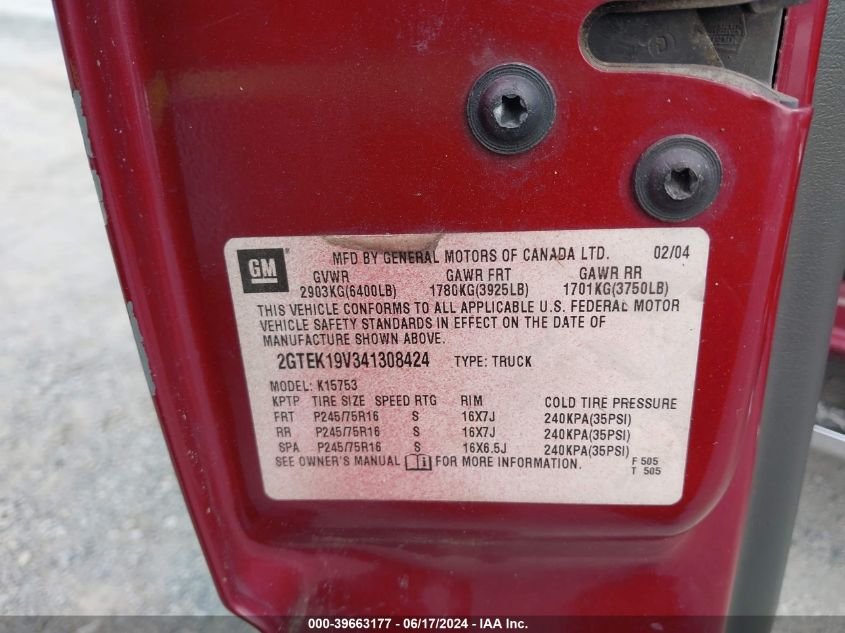 2004 GMC Sierra 1500 Sle VIN: 2GTEK19V341308424 Lot: 39663177
