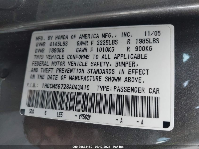 2006 Honda Accord 2.4 Ex VIN: 1HGCM56726A043410 Lot: 39663180