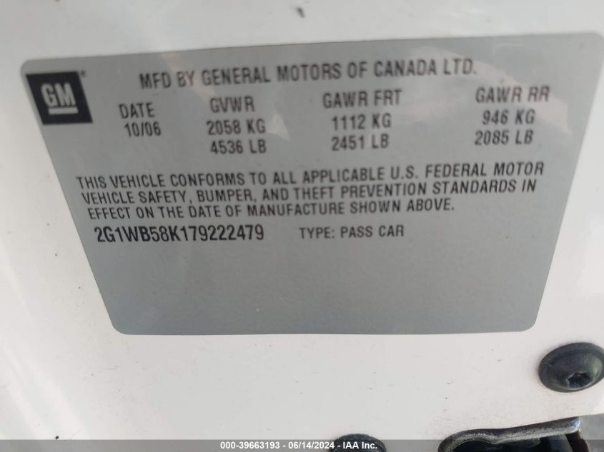 2007 Chevrolet Impala Ls VIN: 2G1WB58K179222479 Lot: 39663193