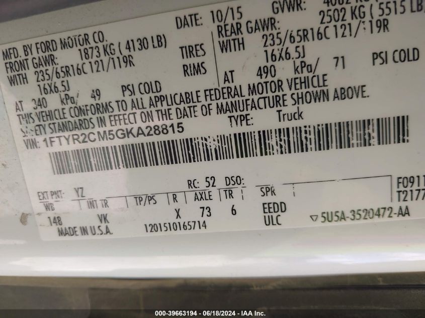 2016 Ford Transit-250 VIN: 1FTYR2CM5GKA28815 Lot: 39663194