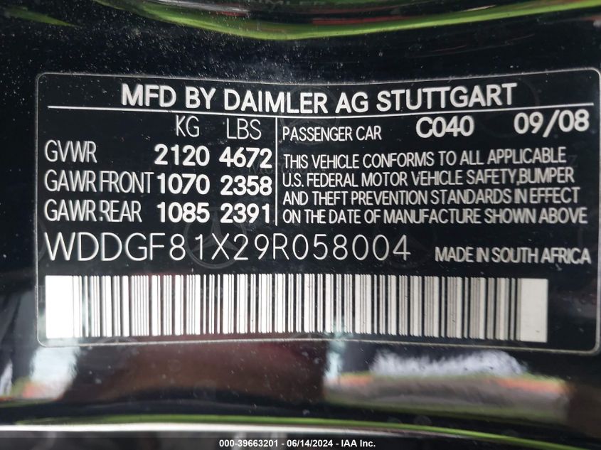 2009 Mercedes-Benz C 300 Luxury 4Matic/Sport 4Matic VIN: WDDGF81X29R058004 Lot: 39663201