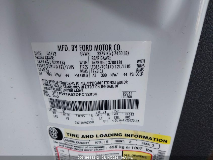 2013 Ford F-150 Svt Raptor VIN: 1FTFW1R63DFC12836 Lot: 39663212
