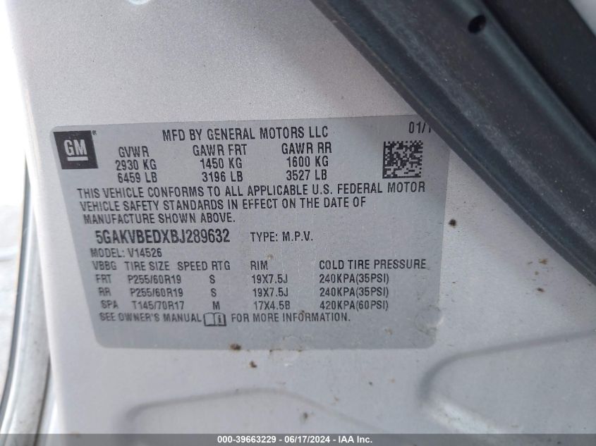 2011 Buick Enclave 1Xl VIN: 5GAKVBEDXBJ289632 Lot: 39663229