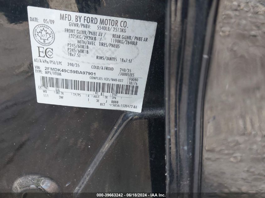2009 Ford Edge Limited VIN: 2FMDK49C59BA97901 Lot: 39663242