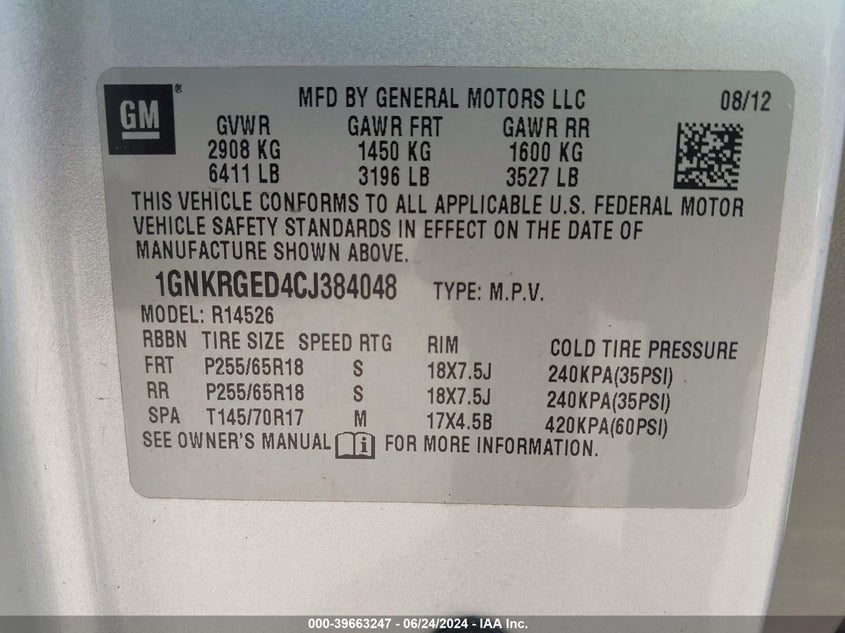 2012 Chevrolet Traverse 1Lt VIN: 1GNKRGED4CJ384048 Lot: 39663247