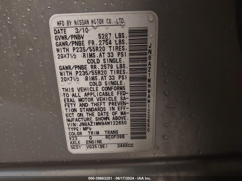 2010 Nissan Murano Le VIN: JN8AZ1MW9AW122650 Lot: 39663251