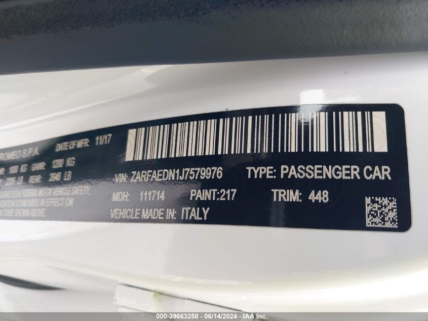 2018 Alfa Romeo Giulia Awd VIN: ZARFAEDN1J7579976 Lot: 39663258