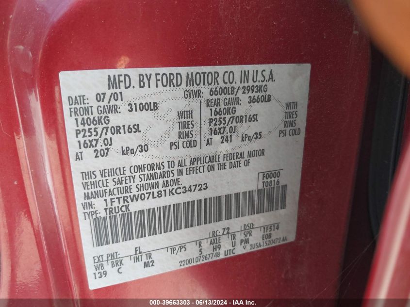2001 Ford F-150 Harley-Davidson Edition/King Ranch Edition/Lariat/Xlt VIN: 1FTRW07L81KC34723 Lot: 39663303