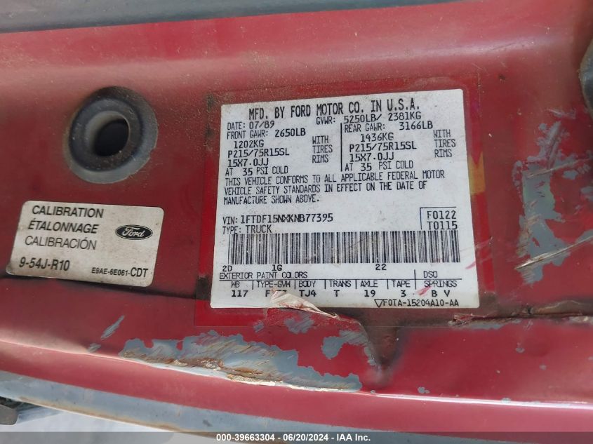 1989 Ford F150 VIN: 1FTDF15NXKNB77395 Lot: 39663304