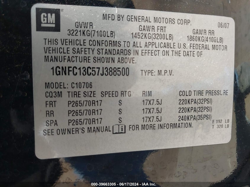2007 Chevrolet Tahoe Ls VIN: 1GNFC13C57J388500 Lot: 39663305