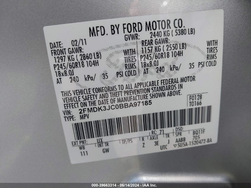 2011 Ford Edge Sel VIN: 2FMDK3JC0BBA97185 Lot: 39663314