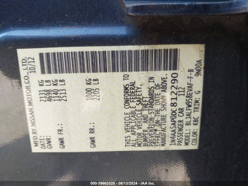 2013 Nissan Maxima 3.5 Sv VIN: 1N4AA5AP0DC812290 Lot: 39663320