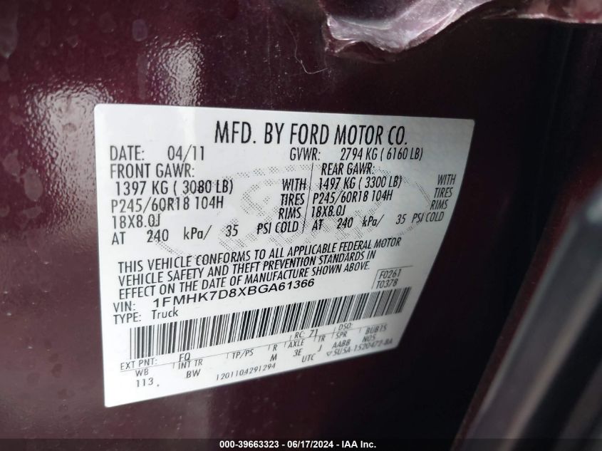 2011 Ford Explorer Xlt VIN: 1FMHK7D8XBGA61366 Lot: 39663323