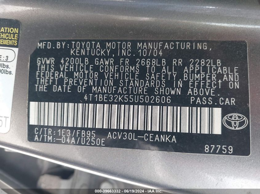 2005 Toyota Camry Le/Xle/Se VIN: 4T1BE32K55U502606 Lot: 39663332