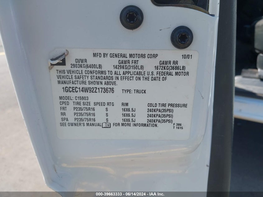 2002 Chevrolet Silverado 1500 VIN: 1GCEC14W92Z173676 Lot: 39663333