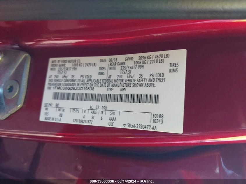 2018 Ford Escape Se VIN: 1FMCU0GD6JUD19838 Lot: 39663336