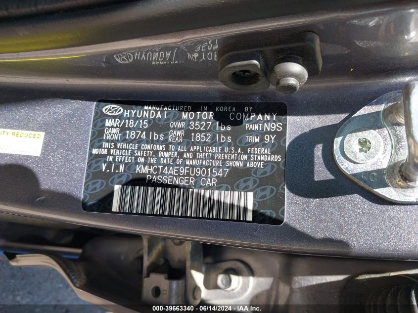 2015 Hyundai Accent Gls VIN: KMHCT4AE9FU901547 Lot: 39663340