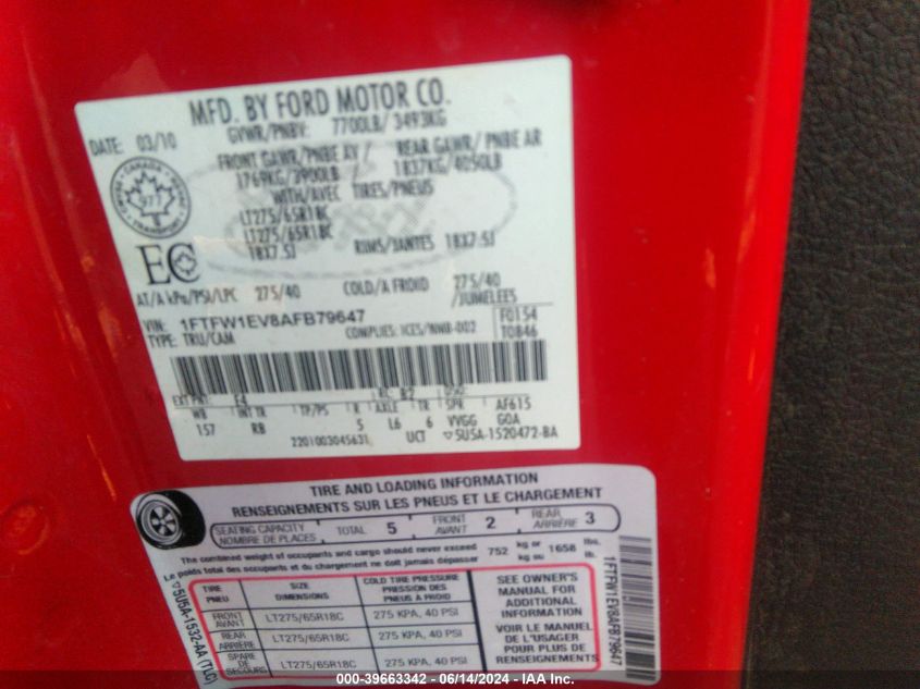 2010 Ford F-150 Fx4/Harley-Davidson/King Ranch/Lariat/Platinum/Xl/Xlt VIN: 1FTFW1EV8AFB79647 Lot: 39663342