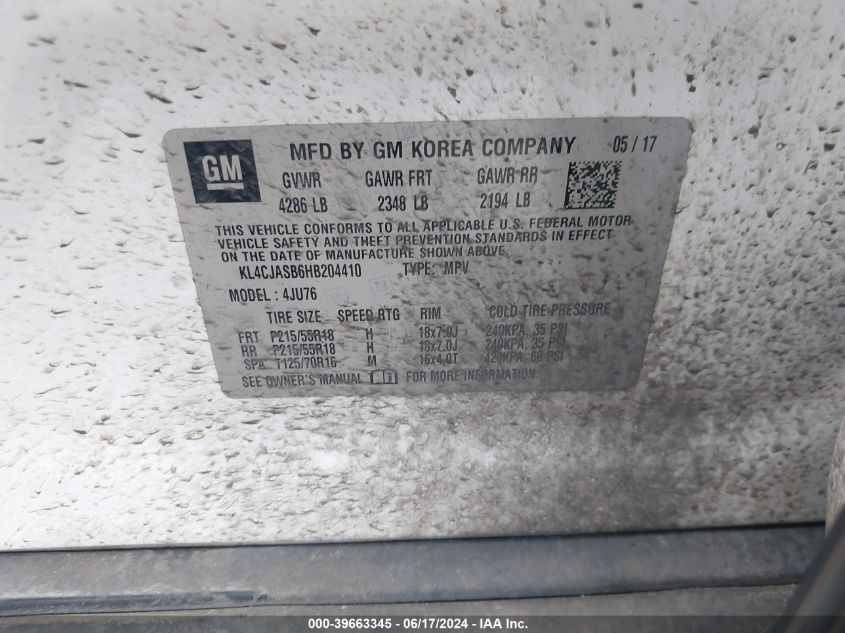 2017 Buick Encore Preferred VIN: KL4CJASB6HB204410 Lot: 39663345