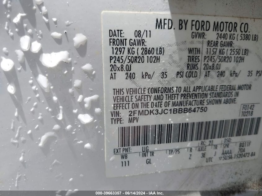 2011 Ford Edge Sel VIN: 2FMDK3JC1BBB64750 Lot: 39663357