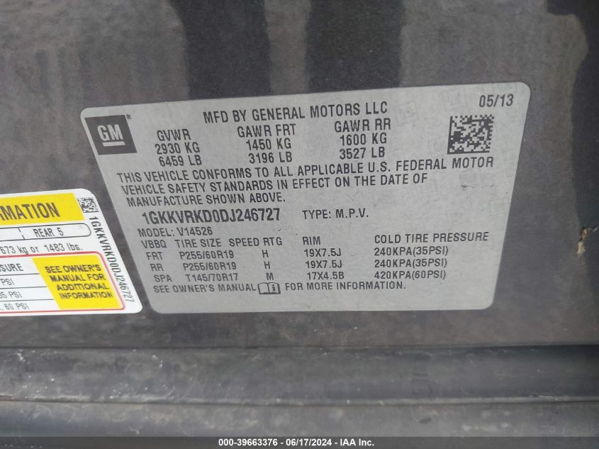 2013 GMC Acadia Slt-1 VIN: 1GKKVRKD0DJ246727 Lot: 39663376