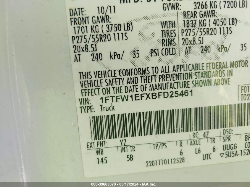 2011 Ford F-150 Fx4 VIN: 1FTFW1EFXBFD25461 Lot: 39663379