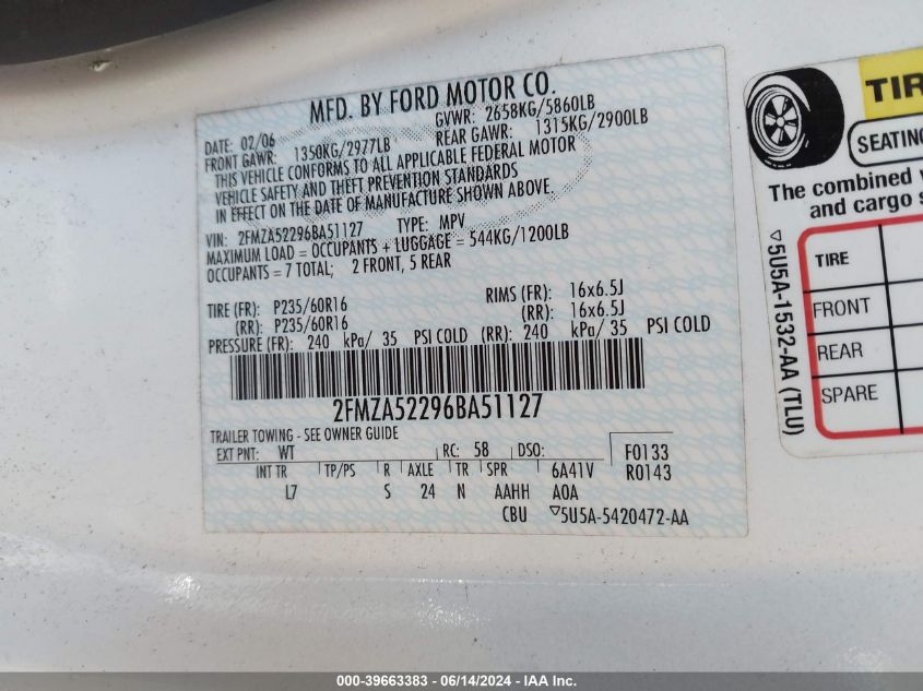 2006 Ford Freestar Sel VIN: 2FMZA52296BA51127 Lot: 39663383