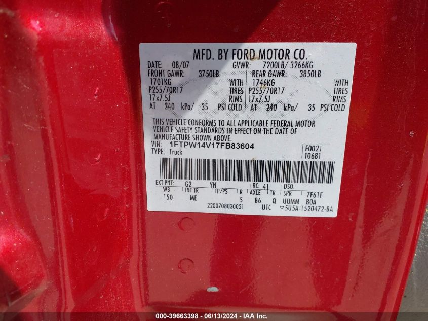 2007 Ford F-150 Fx4/Lariat/Xlt VIN: 1FTPW14V17FB83604 Lot: 39663398
