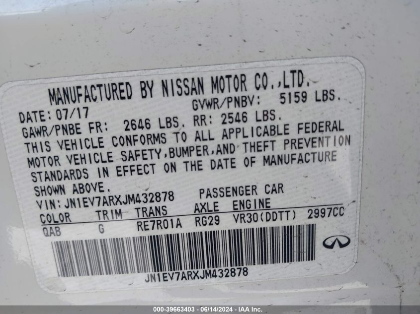 2018 Infiniti Q50 3.0T Luxe VIN: JN1EV7ARXJM432878 Lot: 39663403