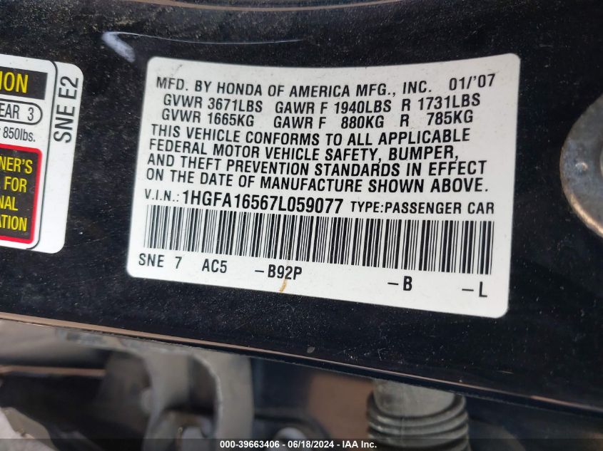 2007 Honda Civic Lx VIN: 1HGFA16567L059077 Lot: 39663406