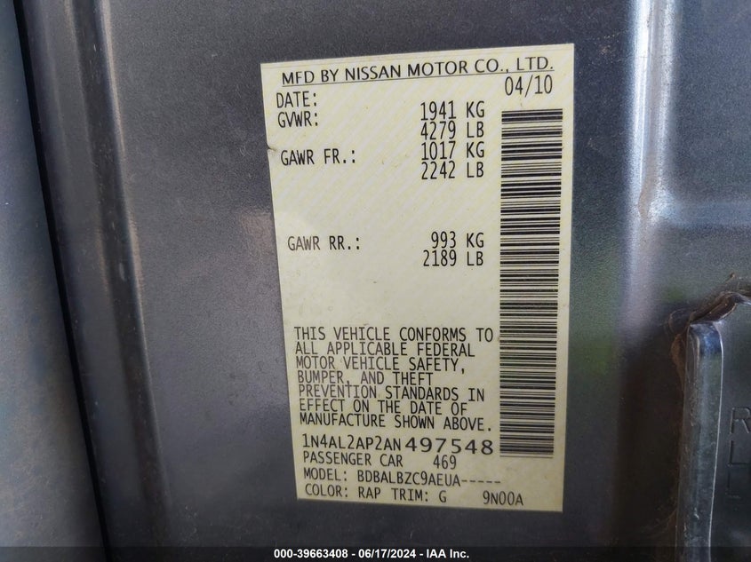 2010 Nissan Altima 2.5 S VIN: 1N4AL2AP2AN497548 Lot: 39663408