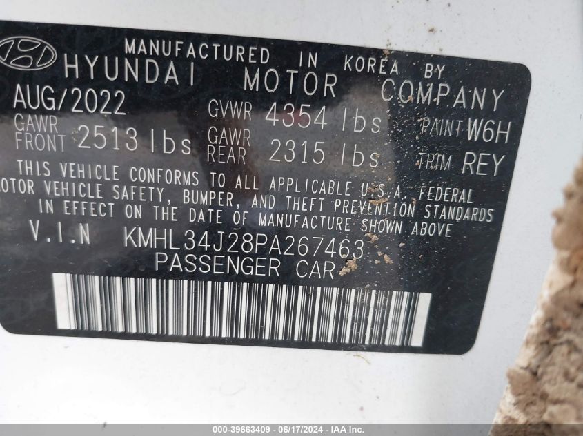 2023 Hyundai Sonata Limited VIN: KMHL34J28PA267463 Lot: 39663409