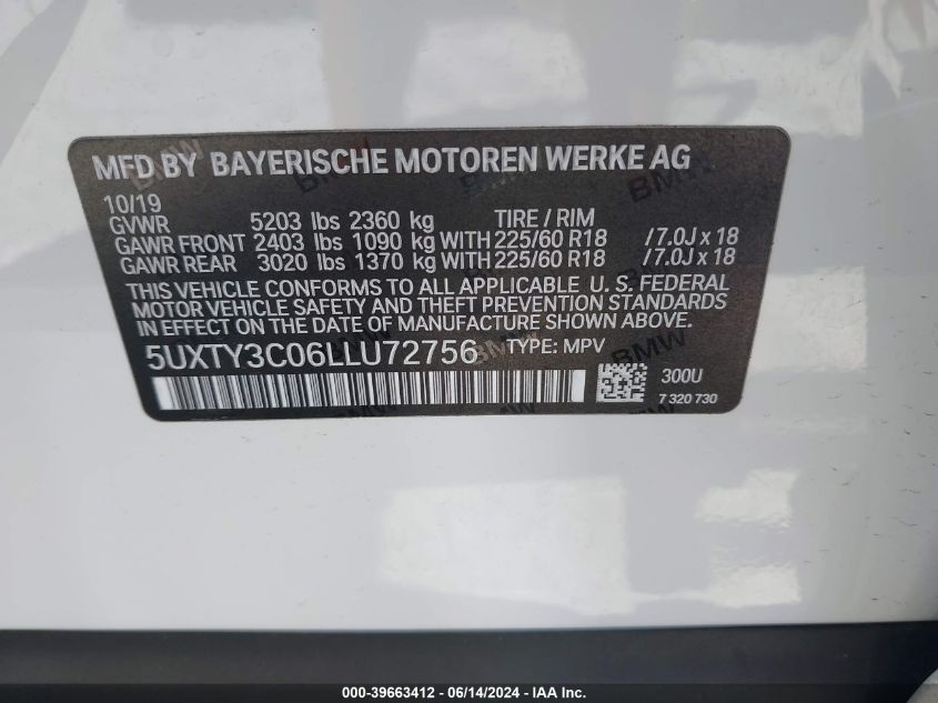 2020 BMW X3 Sdrive30I VIN: 5UXTY3C06LLU72756 Lot: 39663412