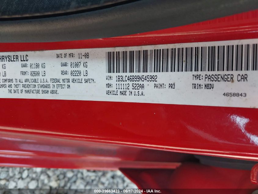 2009 Dodge Avenger Se/Sxt VIN: 1B3LC46B99N545992 Lot: 39663423