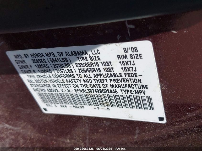 2009 Honda Odyssey Ex-L VIN: 5FNRL38749B002446 Lot: 39663426