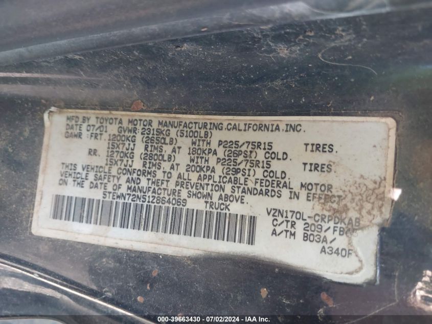 2001 Toyota Tacoma Base V6 VIN: 5TEWN72N51Z864069 Lot: 39663430