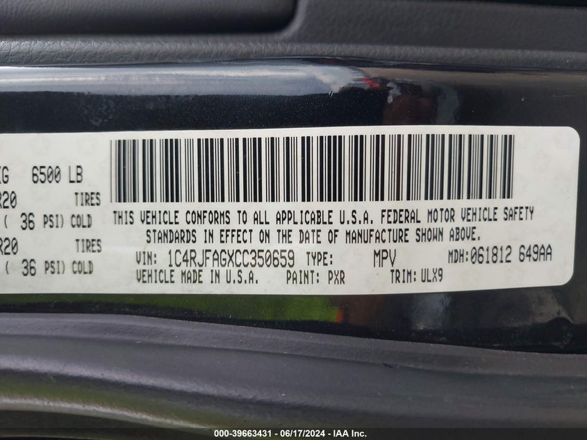2012 Jeep Grand Cherokee Laredo VIN: 1C4RJFAGXCC350659 Lot: 39663431