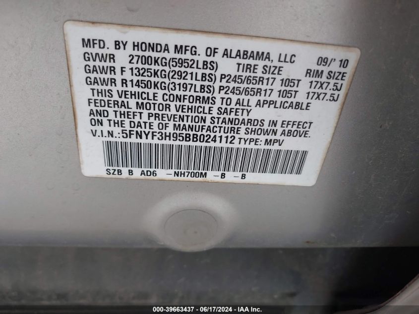 2011 Honda Pilot Touring VIN: 5FNYF3H95BB024112 Lot: 39663437