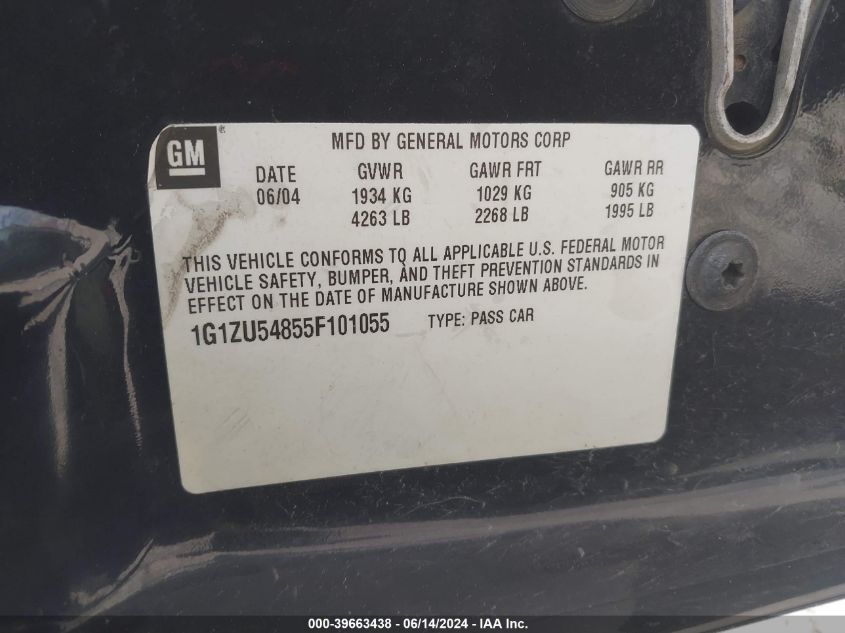 2005 Chevrolet Malibu Lt VIN: 1G1ZU54855F101055 Lot: 39663438