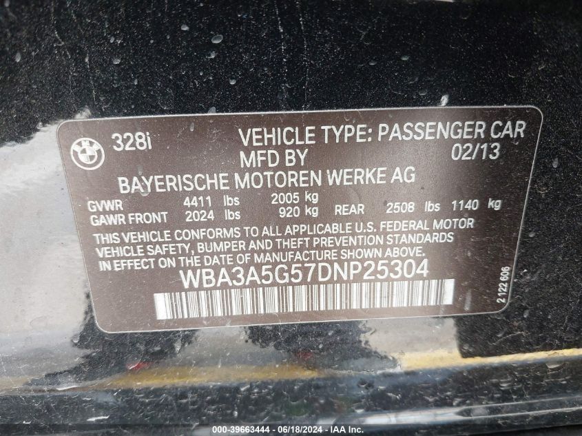 2013 BMW 328I VIN: WBA3A5G57DNP25304 Lot: 39663444