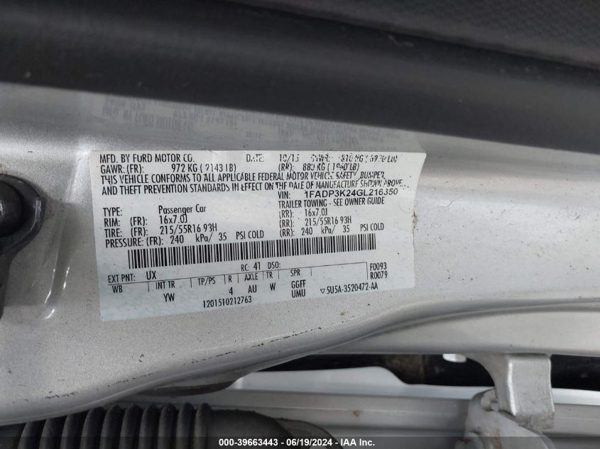 2016 Ford Focus Se VIN: 1FADP3K24GL216350 Lot: 39663443