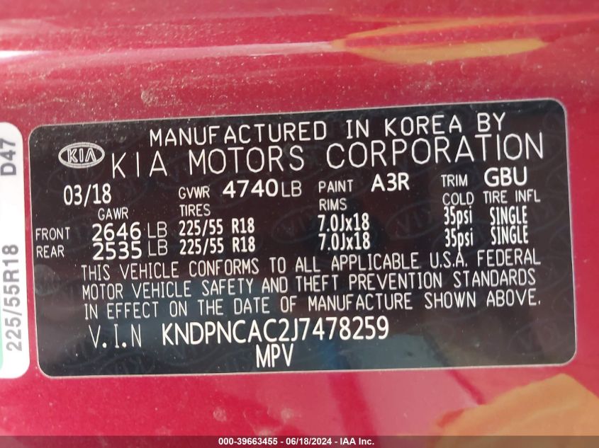 2018 Kia Sportage Ex VIN: KNDPNCAC2J7478259 Lot: 39663455