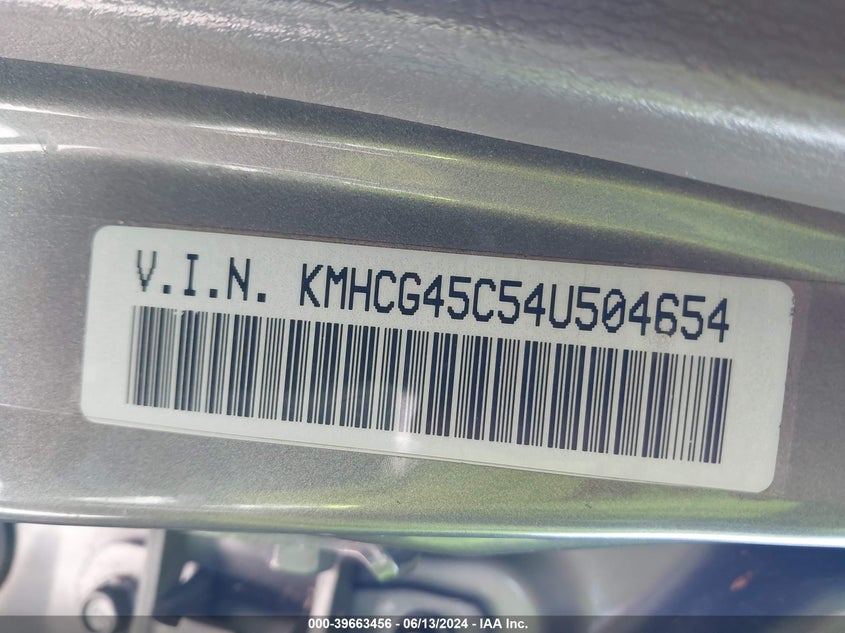 2004 Hyundai Accent Gl VIN: KMHCG45C54U504654 Lot: 39663456