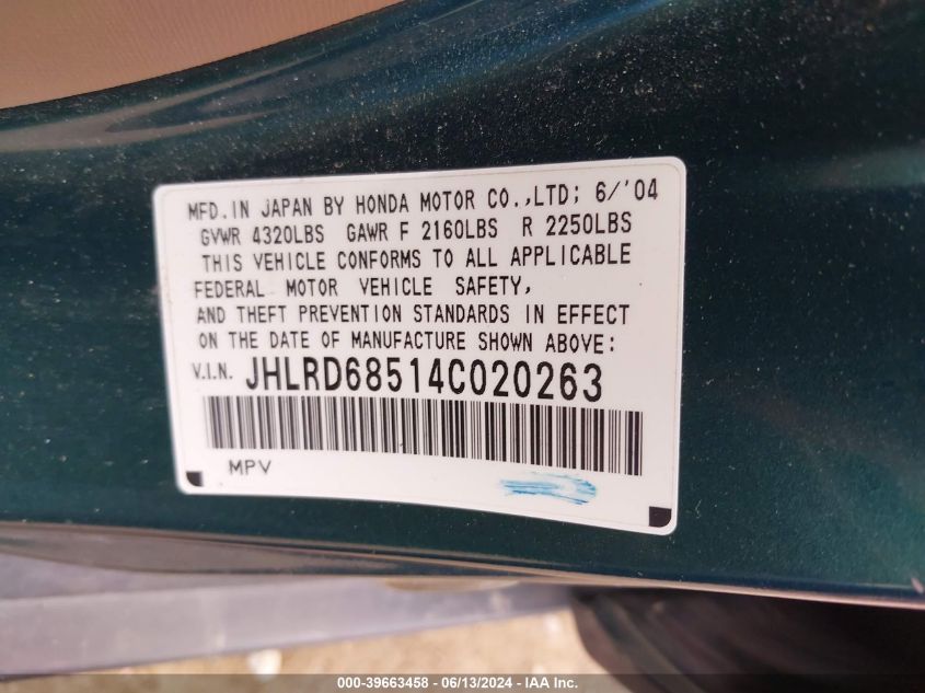 2004 Honda Cr-V Lx VIN: JHLRD68514C020263 Lot: 39663458