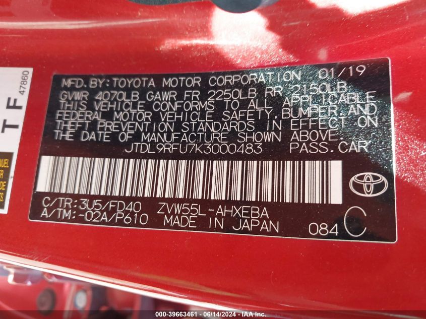 2019 Toyota Prius Le VIN: JTDL9RFU7K3000483 Lot: 39663461